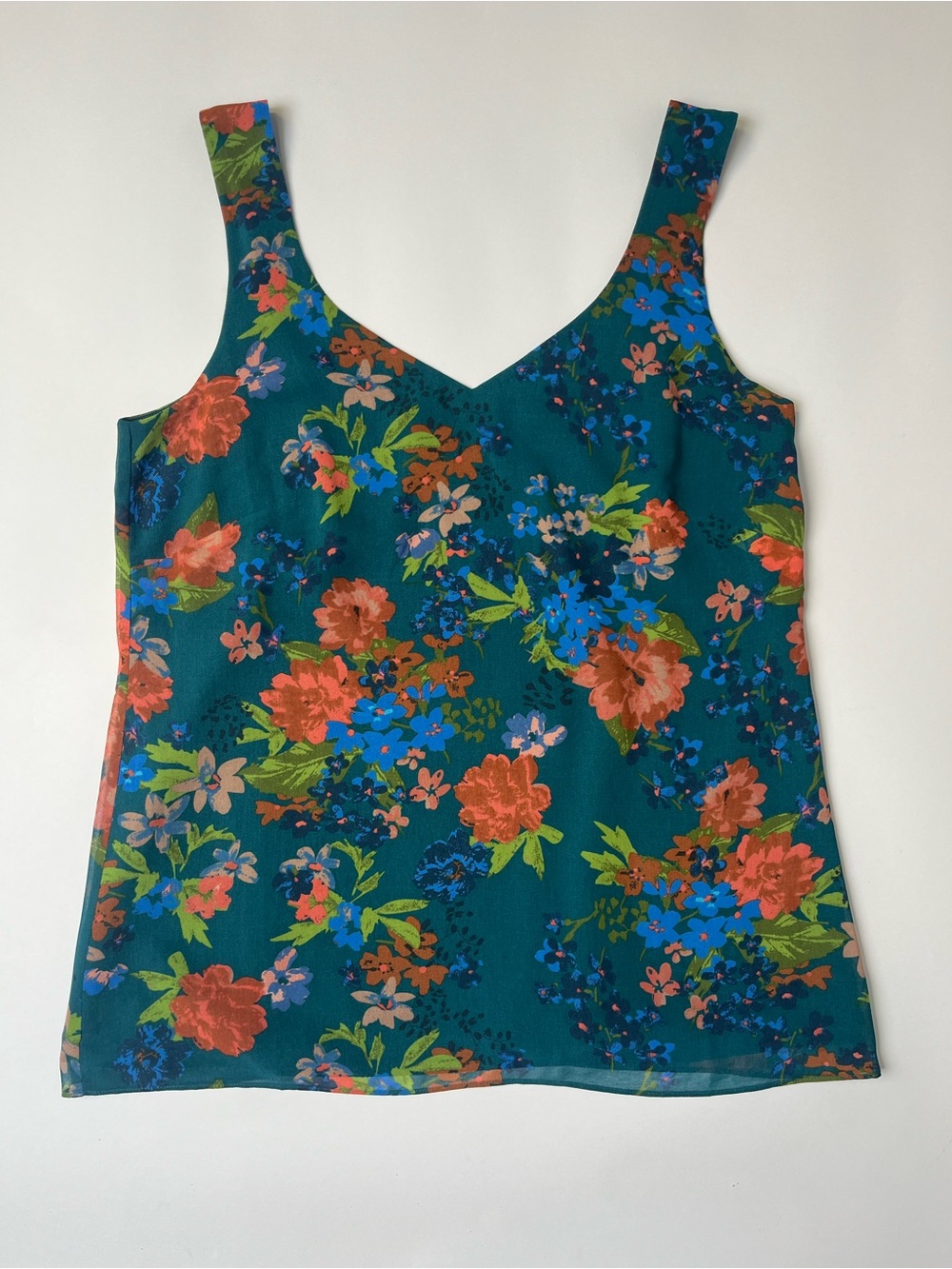 CAbi Teal Floral V-Neck Camisole with Coral and Blue Blooms